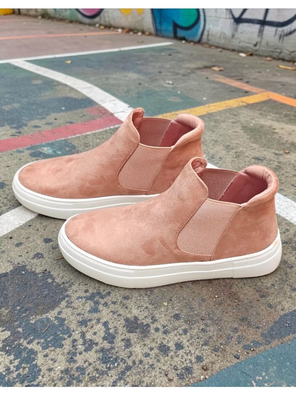 Blush Nubuck Slip-On Platform Sneakers With Elastic Side Panels & White Soles Fo - Picture 6 of 14